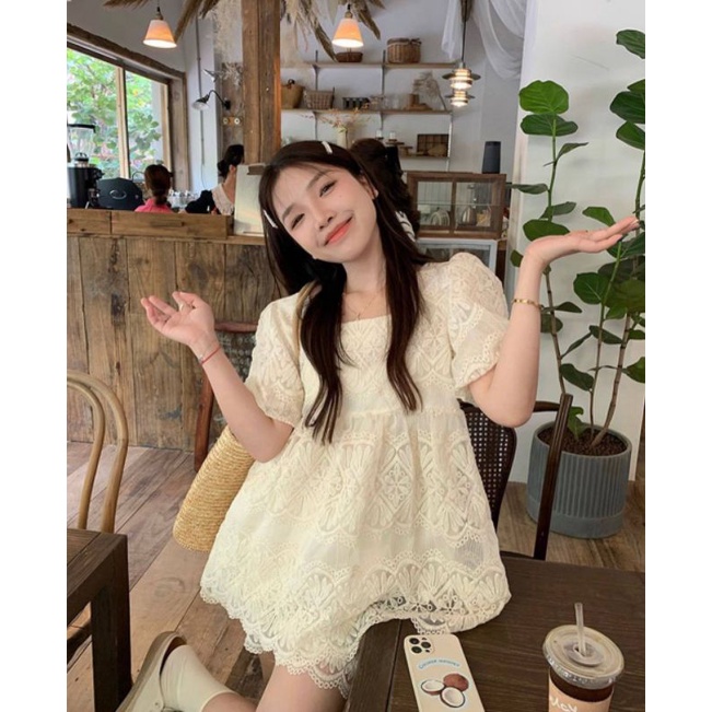 SET BBD NUDE REN HOA CỔ VUÔNG  + SHORT
