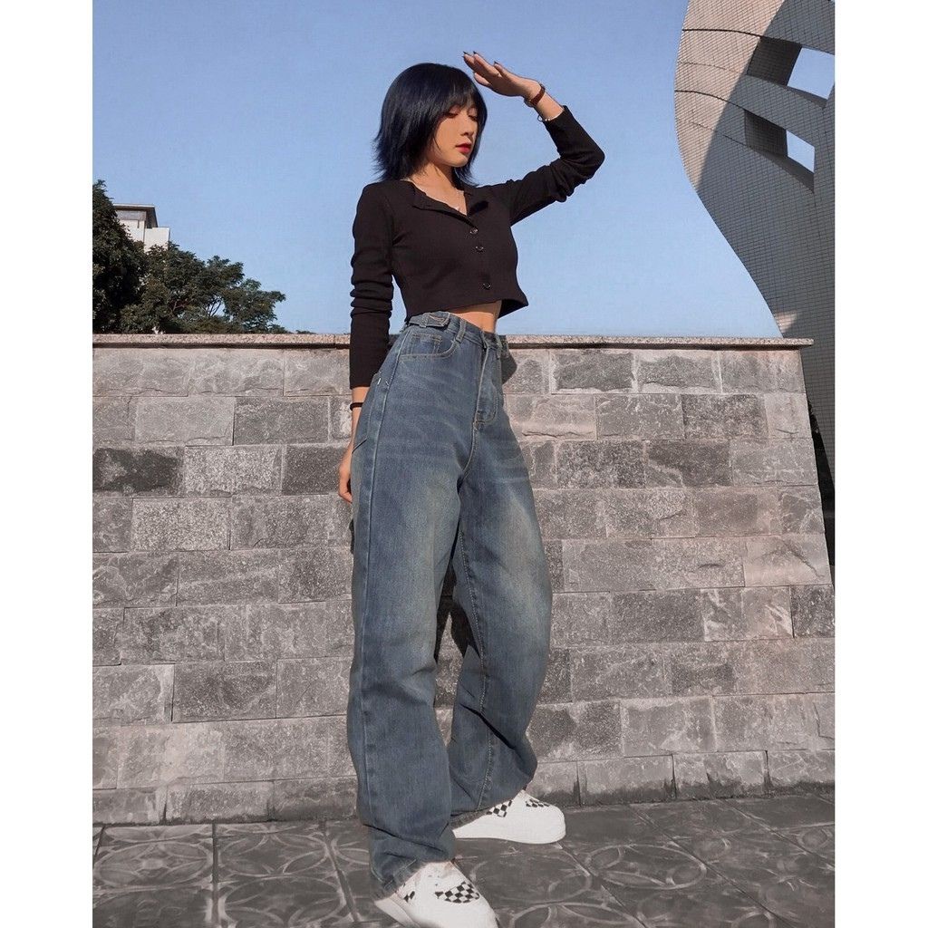 Quần Jean ống rộng ANHMINHCHAU Jean Lưng Cao Dáng Suông Ulzzang ( Màu Đậm )
