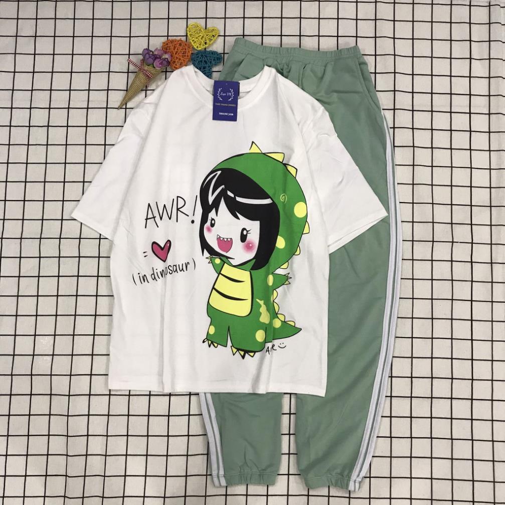 Set Đồ Bộ Quần JOGGER+ Áo Cô Gái Khủng Long-Lapi VN Set Cartoon, Freesize, Thun Cotton, Nam Nữ Đều Mặc Được