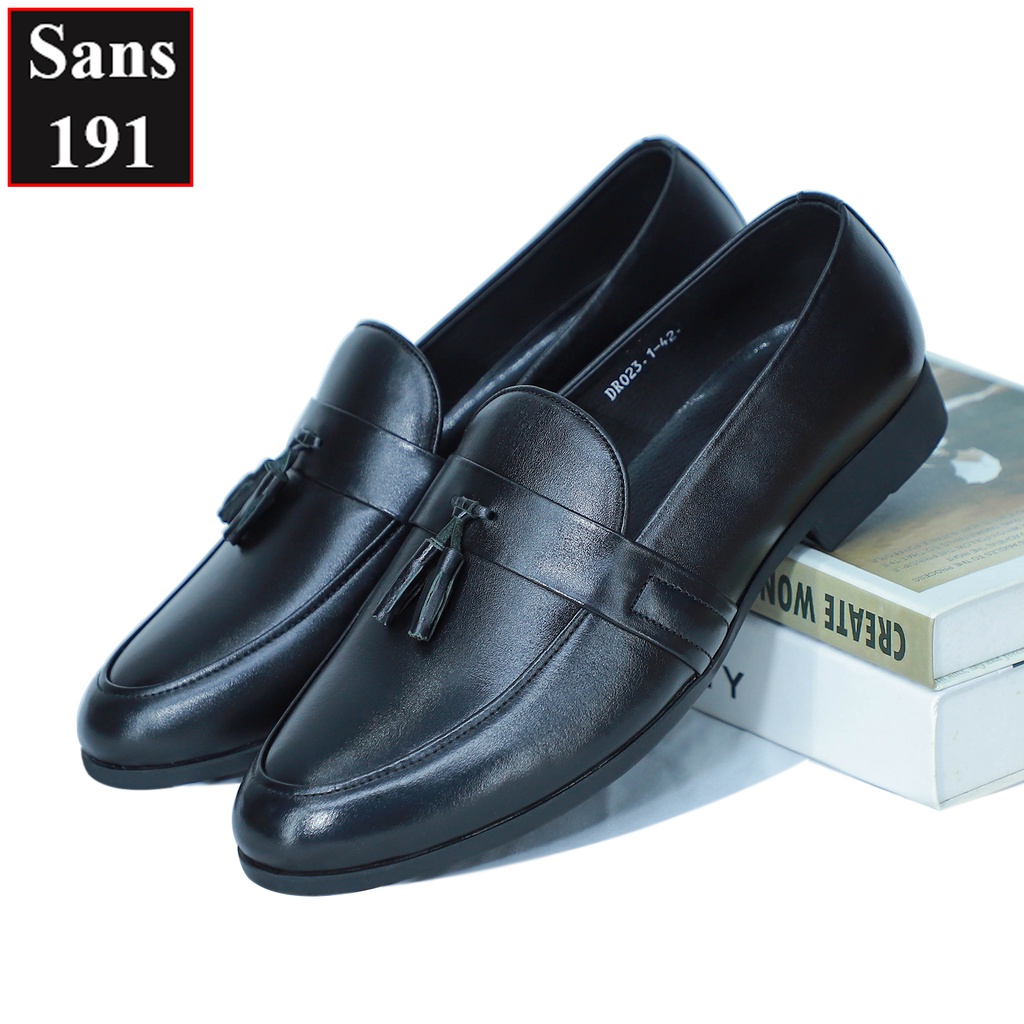 Giày lười nam da bò thật Sans191 giầy moca có chuông công sở cao cấp đẹp đen trơn penny loafer mọi hàn quốc mũi tròn