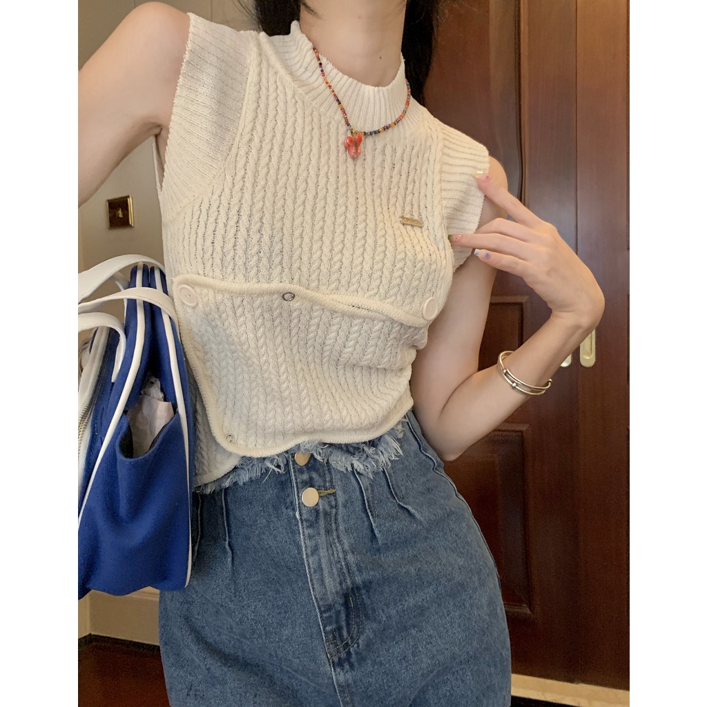 622156#Áo Hai Dây Dệt Kim Màu Trắng Thời Trang Mùa Hè Cho Nữ