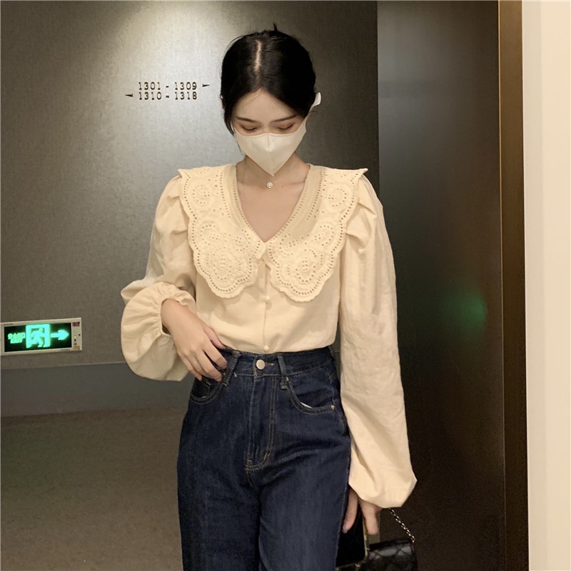 Áo sơ mi tay dài cổ búp bê phối ren form rộng xinh xắn thời trang cho nữ