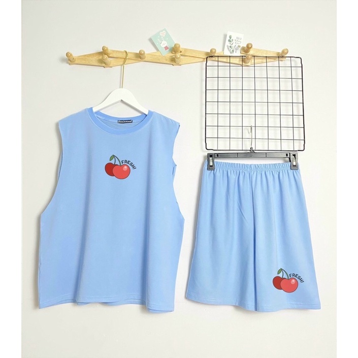 Bộ tanktop áo ba lỗ kèm bra quây quần đùi sooc chất cotton in quả cherry