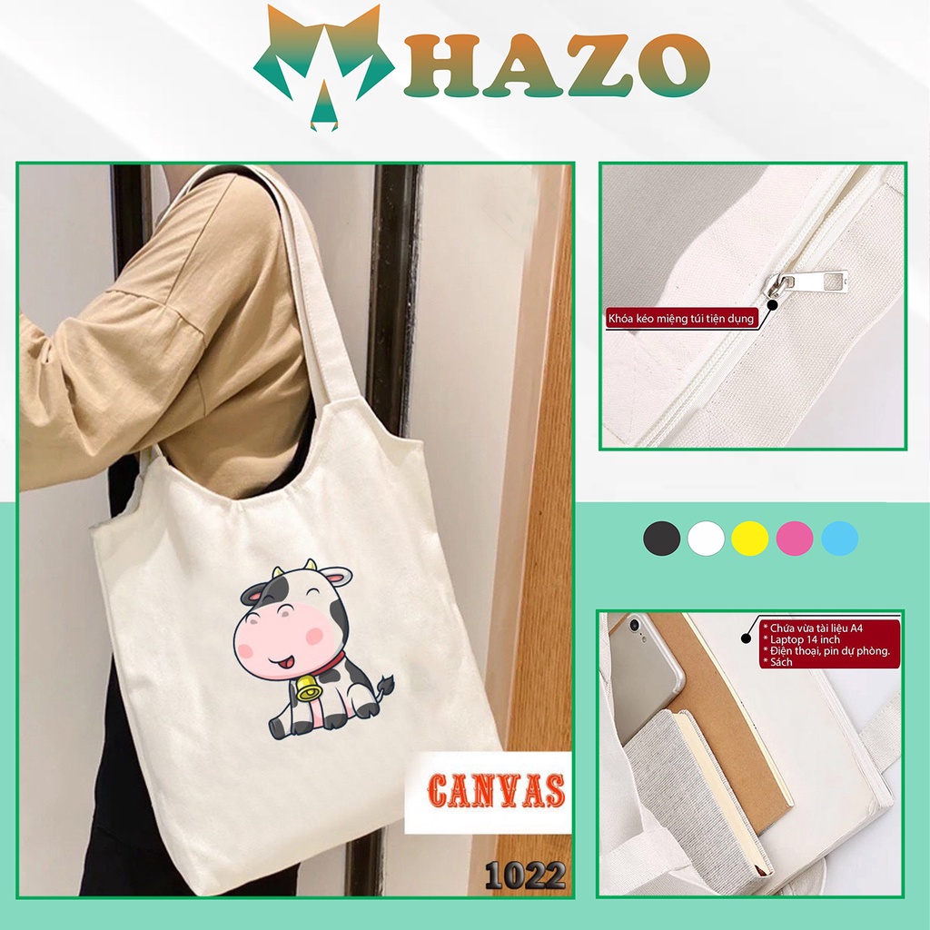 Túi Tote Trắng Chất Vải Canvas 1022 485 Bò Sữa Chuông Vàng Dễ Thương Hàng Chuẩn Đẹp - Hazo
