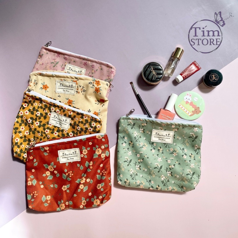 Túi vải hoa vintage đựng mỹ phẩm trang điểm cá nhân bút viết TÍM STORE I