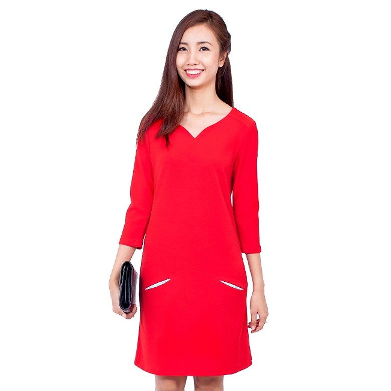 Đầm suông tay lửng phối túi - đỏ