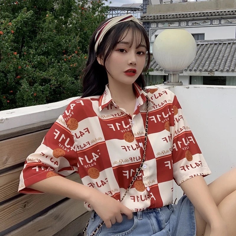 SUXI Áo Sơ Mi Nữ Ngắn Tay Phong Cách Retro