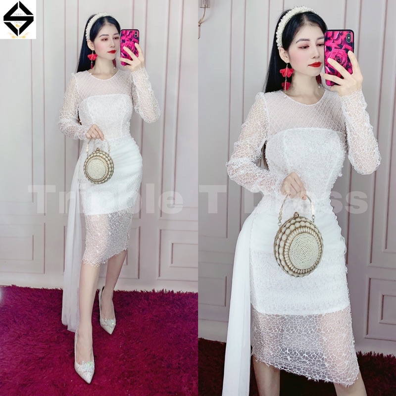 Đầm body lưới lỗ kết hạt cườm cao cấp - MS139Y (KÈM ẢNH/VIDEO THẬT)