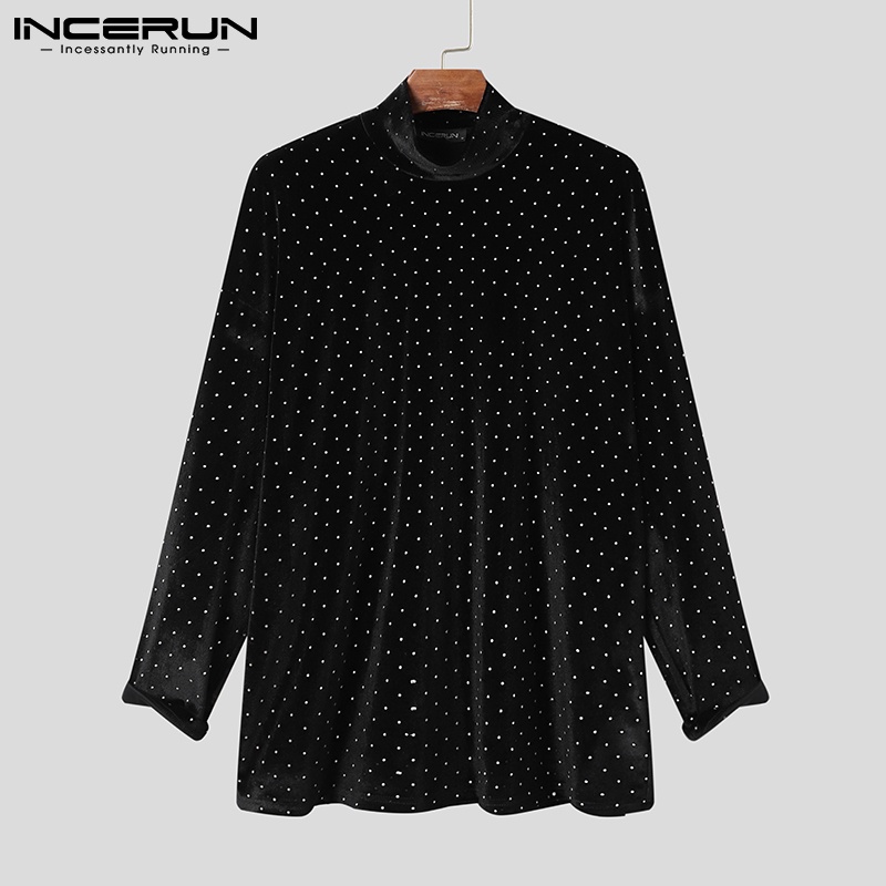 Áo nam INCERUN dài tay cổ cao màu đen họa tiết chấm bi
