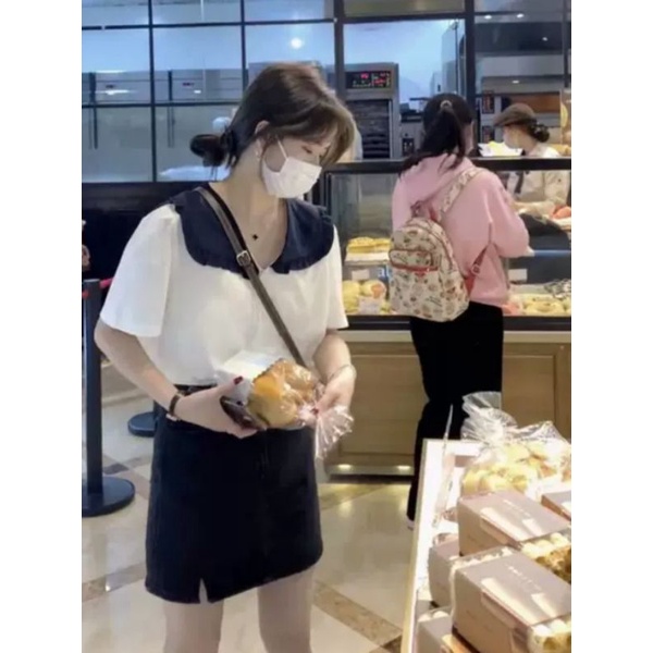 áo sơ mi cổ bèo phối màu tiểu thư ảnh thật