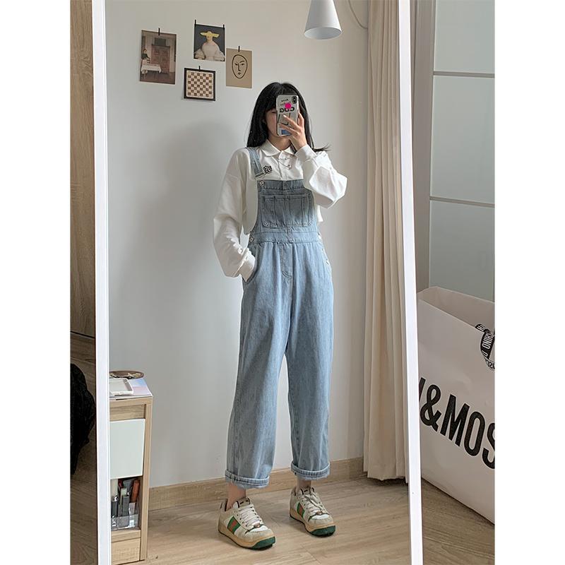 Small cute Japanese denim overalls thin student light blue autumn Korean loose straight trousers | BigBuy360 - bigbuy360.vn