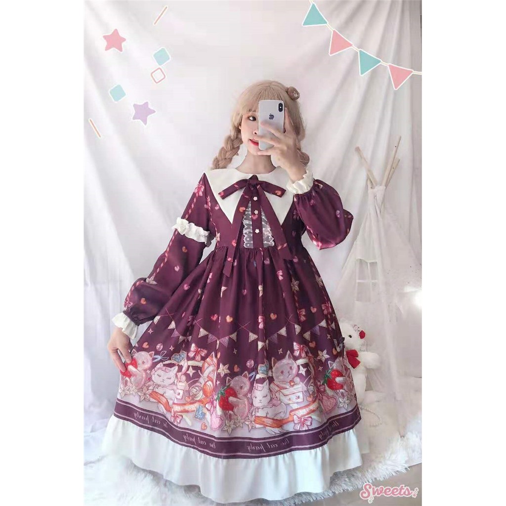 Đầm lolita phong cách công chúa Nhật Bản xòe tay dài thắt nơ mèo hoạt hình ulzzang ( 2 màu )