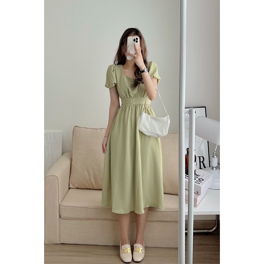 Đầm váy midi khoét eo cổ vuông tay bồng siêu xinh