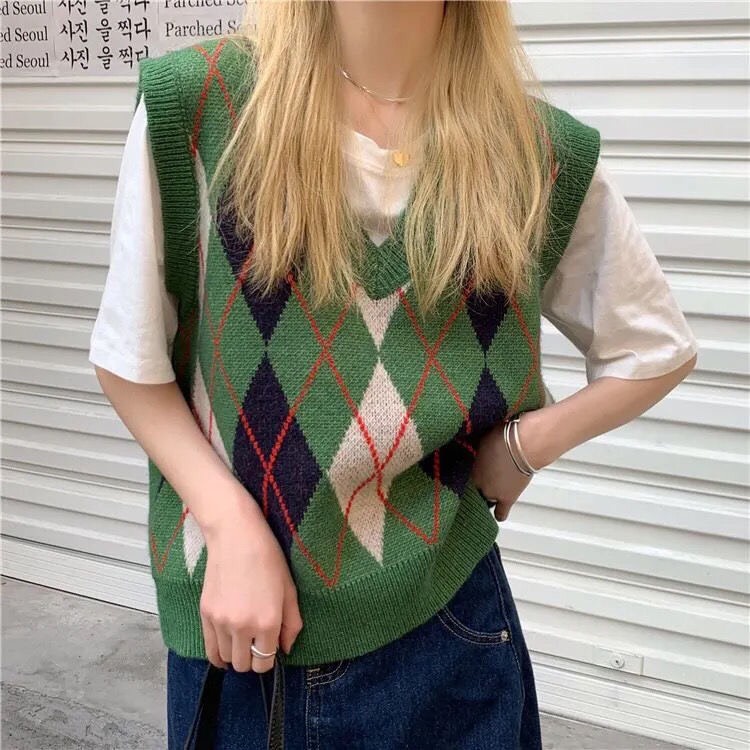 Áo gile len nữ phối màu kẻ caro to Freesize phong cách cá tính thời trang Hàn Quốc mùa thu đông M143HD