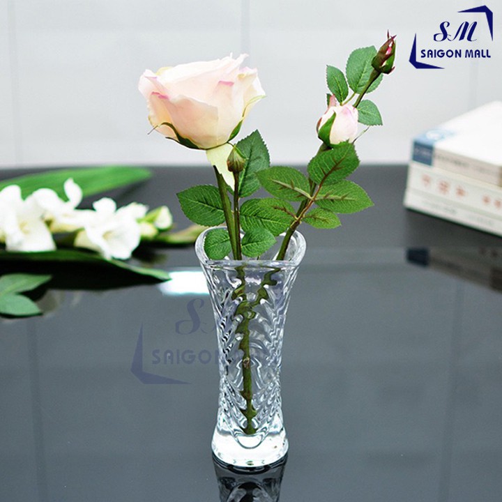 Bình bông lọ hoa thuỷ tinh trắng cao 18cm trang trí bàn ăn giao hoạ tiết ngẫu nhiên