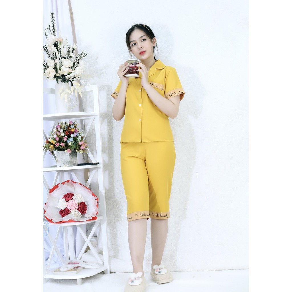 [HÌNH THẬT 100%] Bộ đồ Pijama nữ lửng VÀNG PHA CHỮ - vải siêu lụa cao cấp - Cực Kì Sang Chảnh