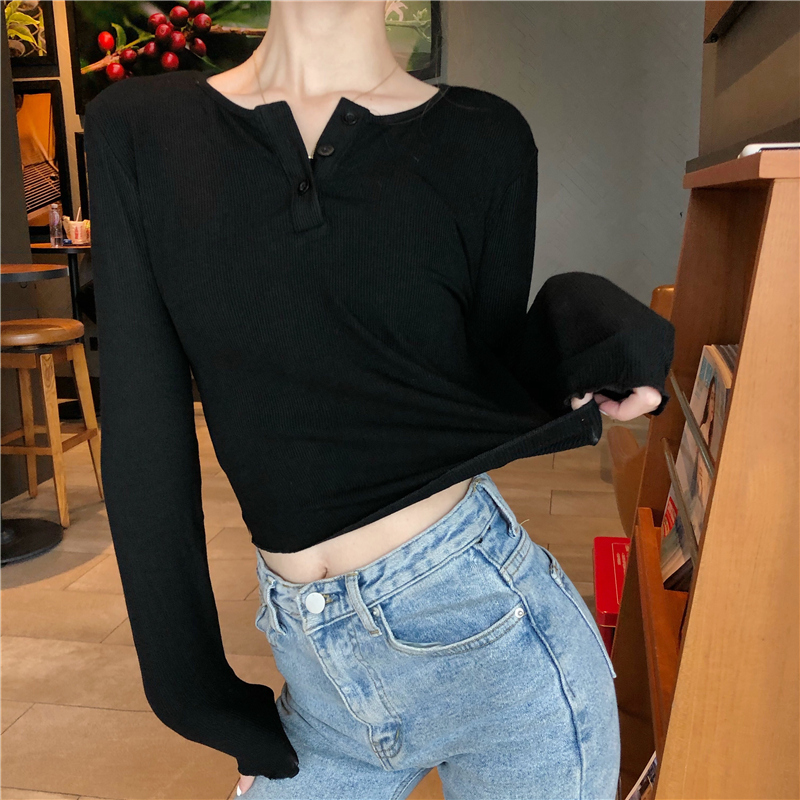 KOREAN STYLE Áo Thun Nữ Tay Dài Màu Trơn Co Dãn Phong Cách Hàn Quốc