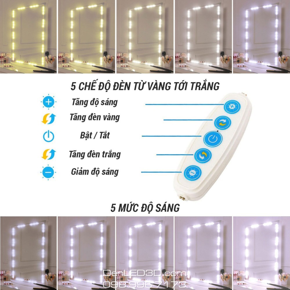 [Phiên bản mới] Dây Đèn LED Trí Gương Bàn Trang Điểm 15 Bóng Dài 5 Chế Độ Sáng, Chống Nước