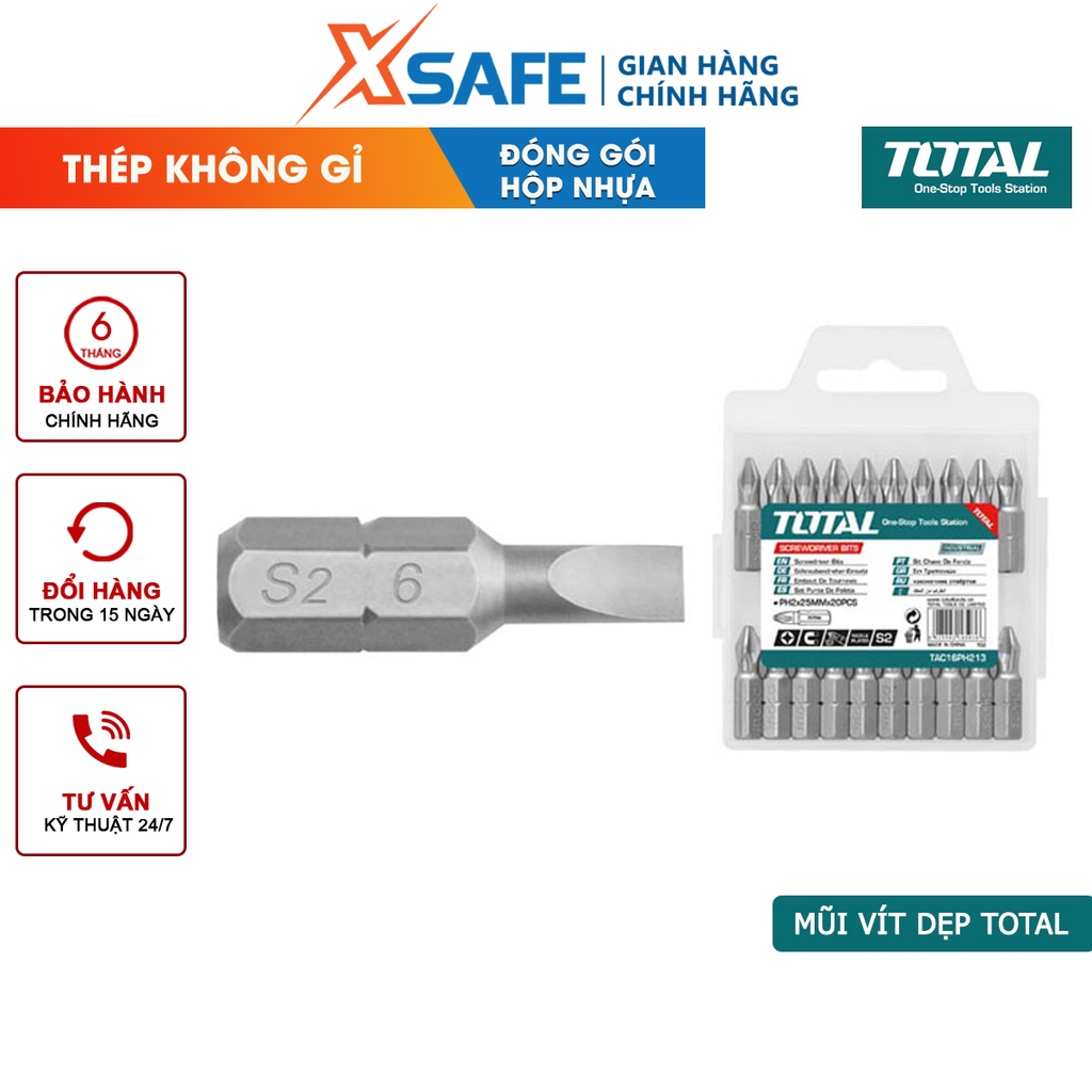 Bộ mũi vặn vít dẹp TOTAL bắt vít thép không gỉ công nghệp S2, size SL6.0*1.0, 25-50mm - [XSAFE]