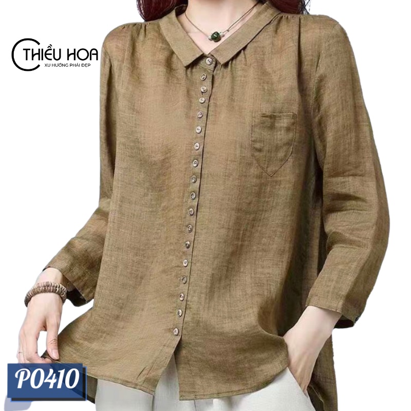Áo sơ mi nữ trung niên chất liệu linen mềm mại, thoáng mát thiết kế trang nhã, lịch sự Thiều Hoa P0410
