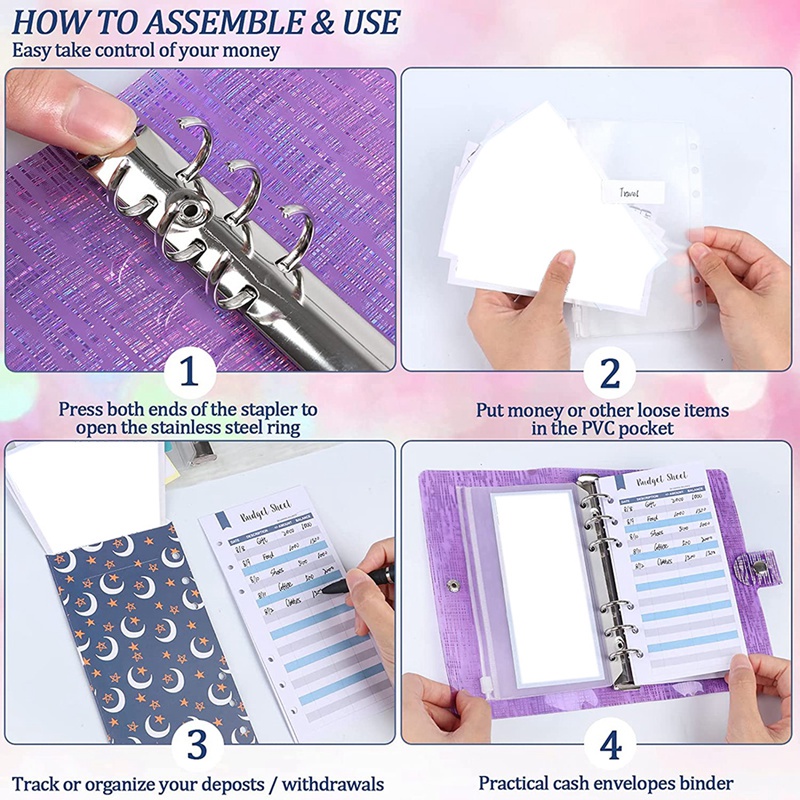 Set 56 phụ kiện ngân sách gồm bìa sổ còng bằng PVC khổ A6+12 tờ ngân sách+nhãn dán+túi đựng