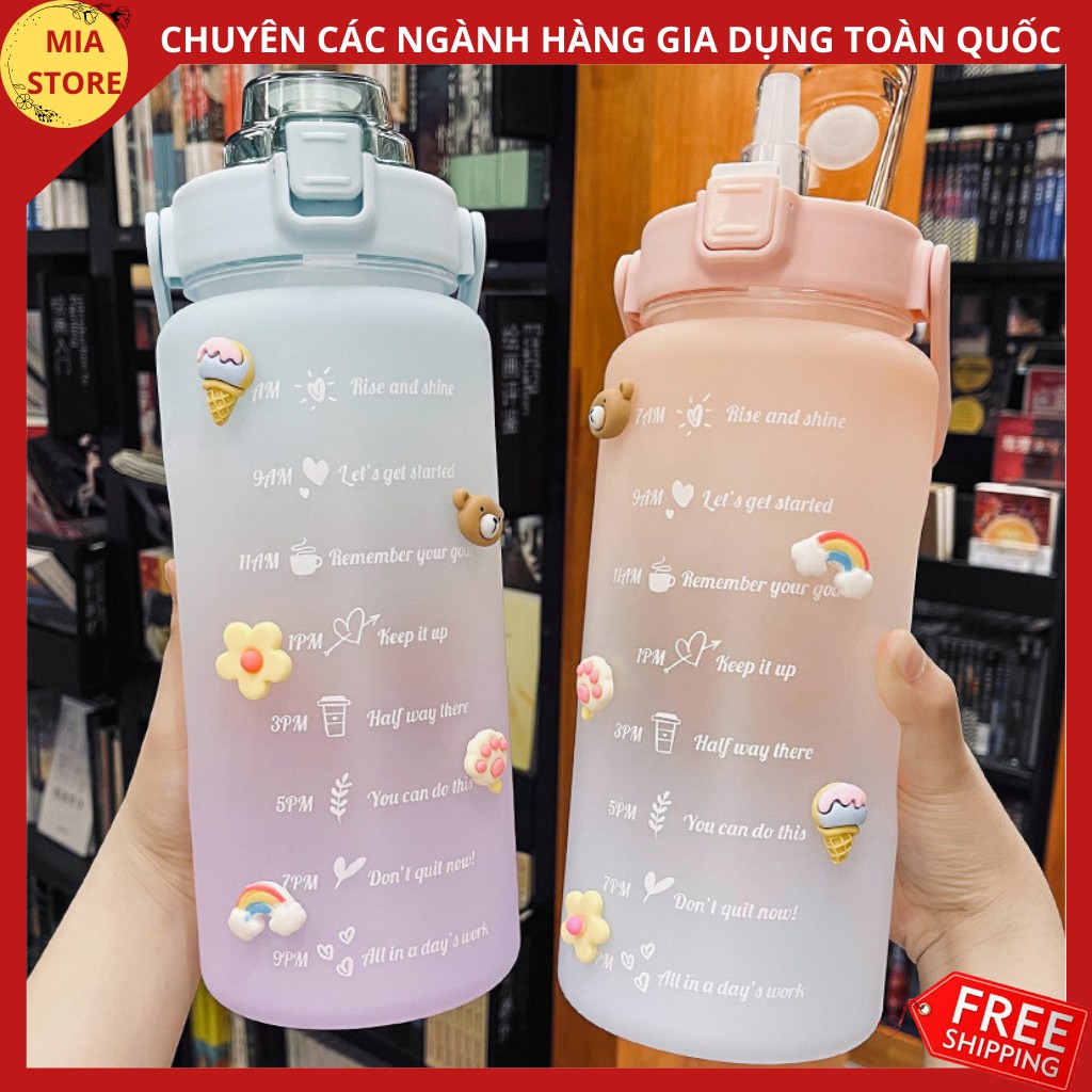 Bình nước thể thao bình nhắc nhở uống nước mẫu mới màu gradient cao cấp 2000ML tặng kèm bộ sticket