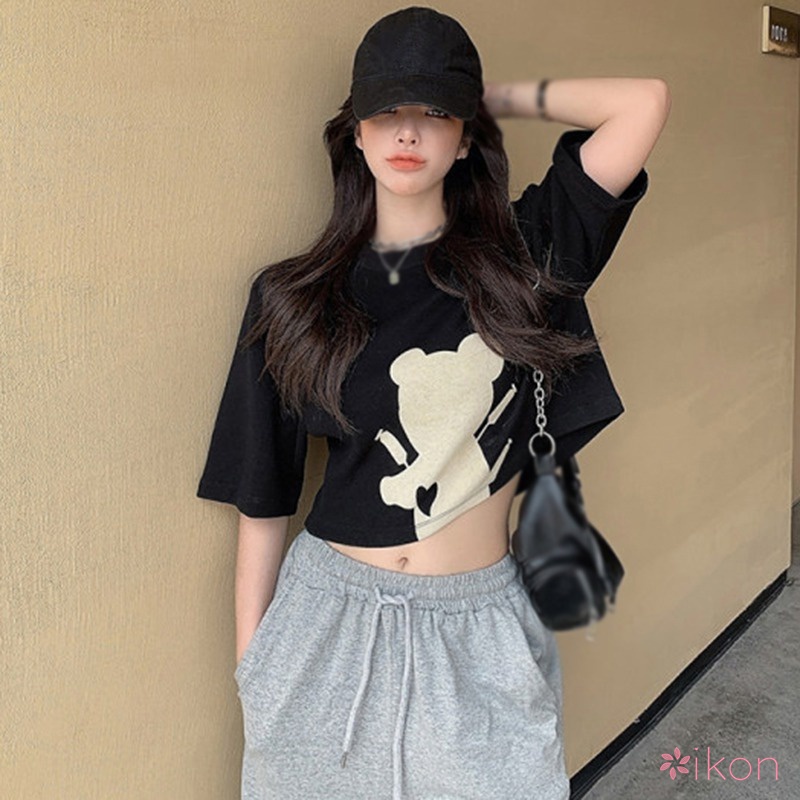 Áo Thun Ngắn Tay Dáng Rộng Lưng Cao In Họa Tiết Gấu Xinh Xắn Kiểu Hàn Quốc