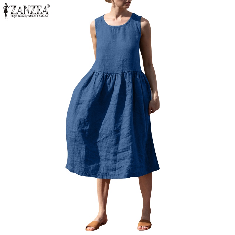 Đầm Dài Không Tay Cổ Tròn Màu Trơn Thời Trang Cho Nữ ZANZEA