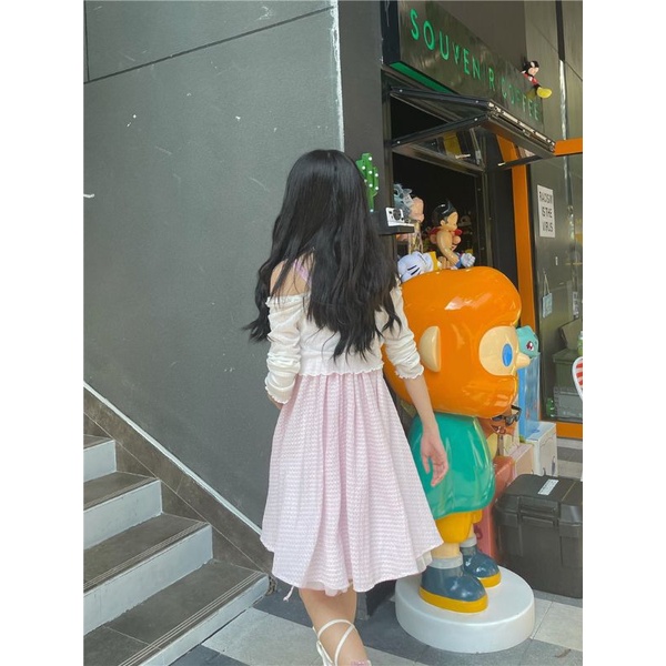 Váy hai dây xòe  babydoll công chúa màu hồng trắng oder taobao