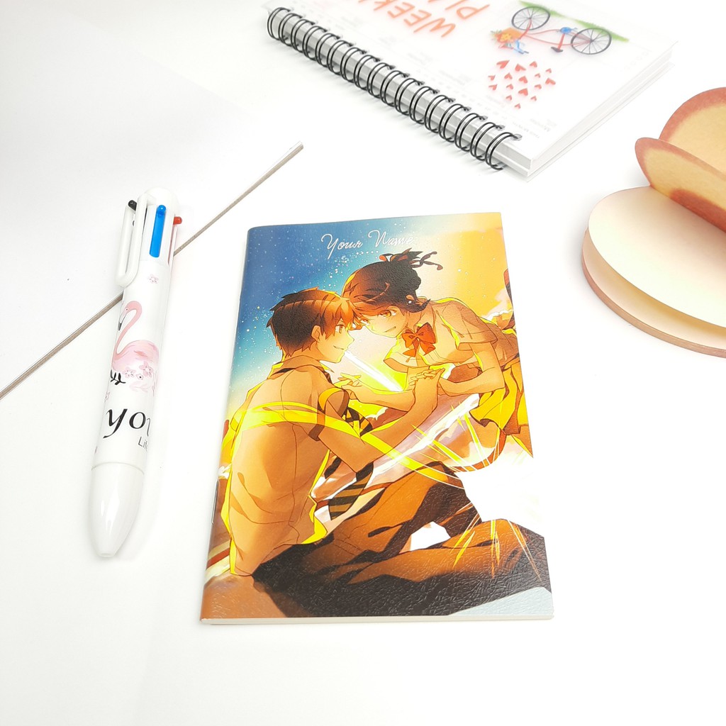 [Combo] Sổ Tay Mini Angia Art - Your Name Musubi và Bút Bi Bấm 6 Màu Hồng Hạc Trắng