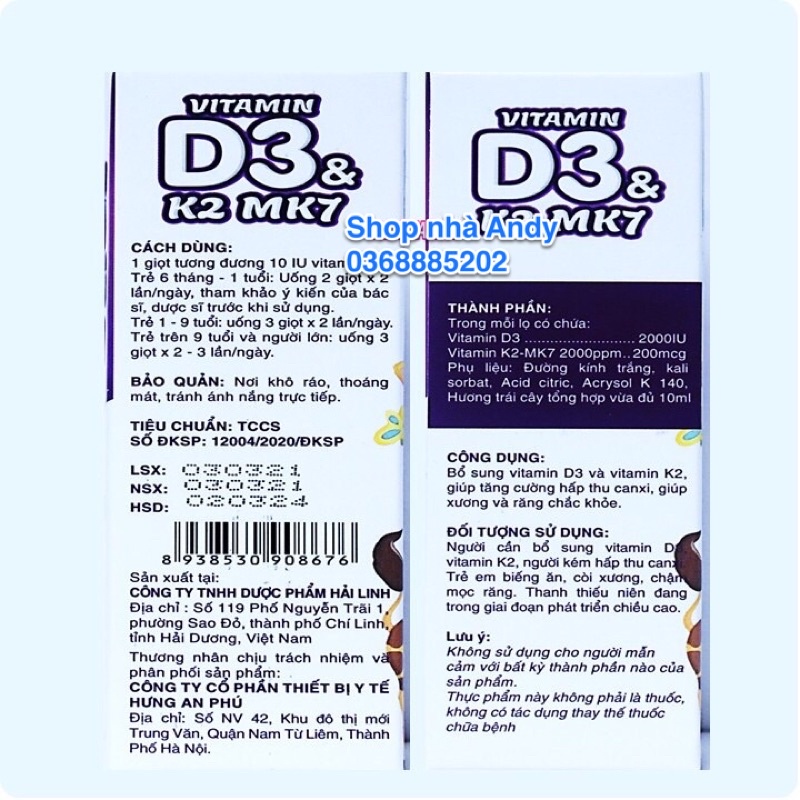 [Chính hãng] Vitamin D3 &amp; K2 Mk7 nhỏ giọt (lọ 10ml)