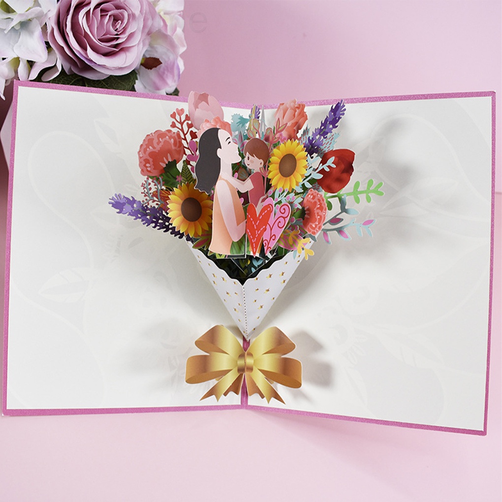 Flower Card 3D Pop-Up Bouquet Card Mother's Day Blessing Decoration Gift for Festival Birthday LovelyHome