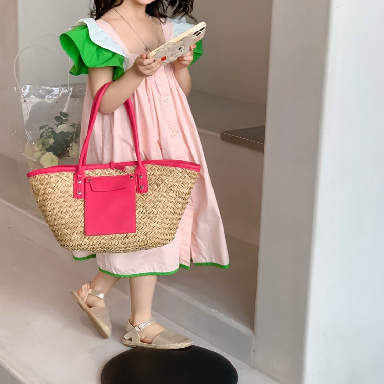 Đầm Tay Cánh Sen Cổ Vuông Hai Lớp Màu Trơn Phong Cách Hàn Quốc Dễ Thương Cho Bé Gái