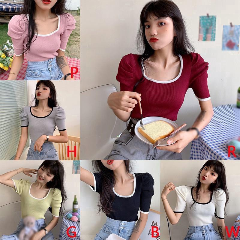 Áo Croptop Dệt Kim Tay Ngắn Cổ Vuông Phong Cách Hàn Quốc