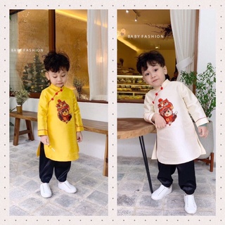 Set bộ áo dài cho bé trai bé gái chất tasta nhũ quần lụa bóng in hình múa lân đáng yêu mặc đi tết du lịch đi học