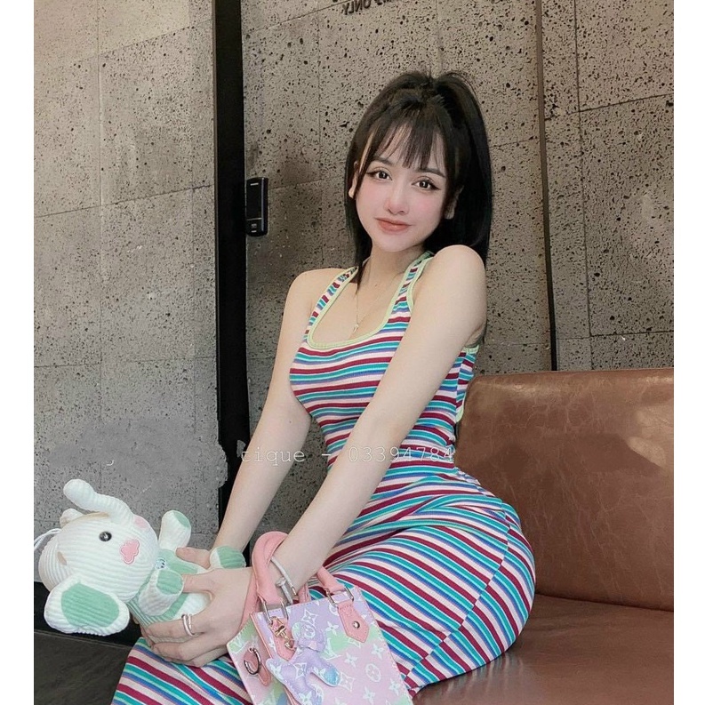 Đầm ôm body ba lỗ sọc ngang lạ mắt lên dáng cực chuẩn, váy ôm body sát nách nữ thun gân form dài qua gối MIDORI247