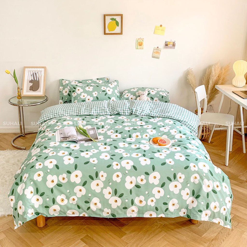 Bộ chăn ga giường cotton poly SUHALI họa tiết hoa lá mẫu mới 2021 gồm vỏ chăn mền, drap nệm và 2 vỏ gối
