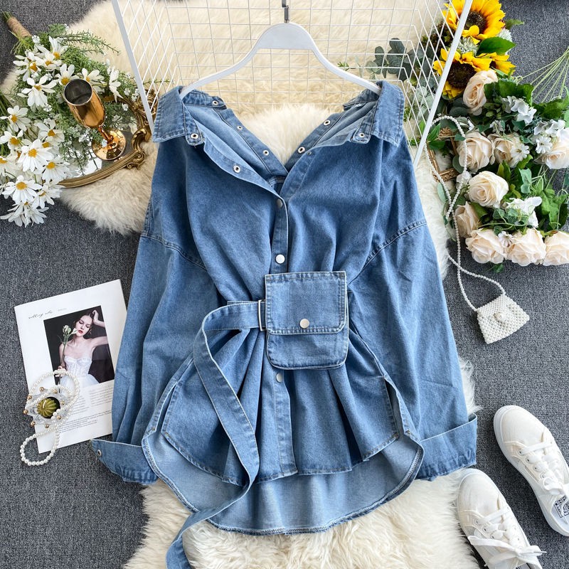 Áo hoodie Denim thời trang xuân thu cho bé gái💜Áo sơ mi Denim dài tay dáng rộng phối túi cá tính theo phong cách hongkong💜Áo kiểu hở lưng phối ren dáng ôm thời trang cá tính cho nữ