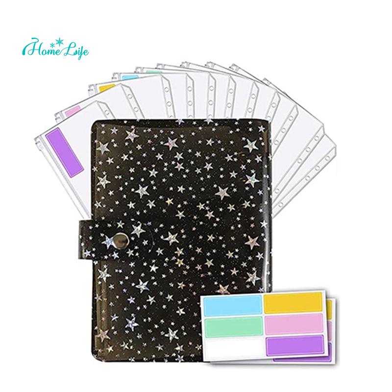Sổ bìa họa tiết ngôi sao khổ a6 có ví phong bì đựng tiền mặt + giấy ghi chú chi tiêu dùng lập ngân sách