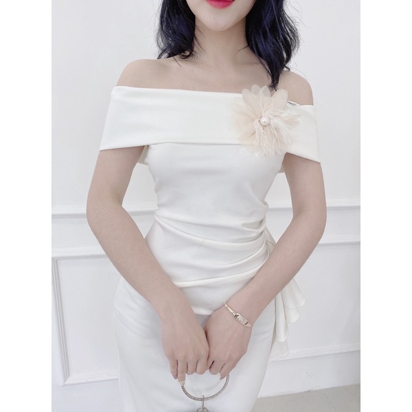 Đầm trắng trễ vai thắt nơ hoa đi chơi, dự tiệc body ôm dáng dài | BigBuy360 - bigbuy360.vn