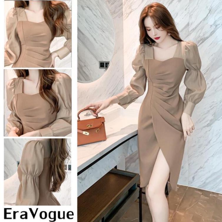 EraVogue Đầm dạ hội ôm dáng cổ vuông tay dài phong cách Hàn Quốc thanh lịch 4478 -9sd !