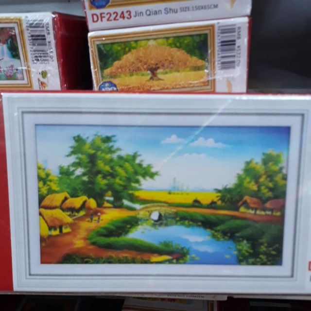 Tranh đính đá phong cảnh đồng quê, làng quê df469 (100x60)