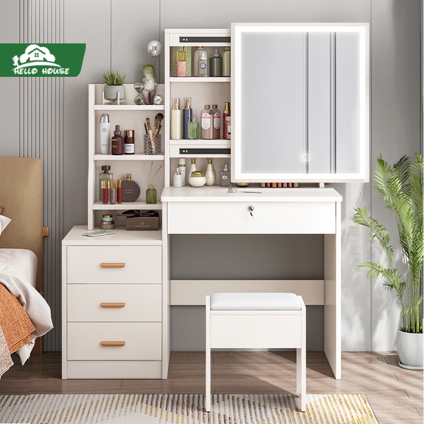 Bàn trang điểm có đèn có ngăn kéo,nội thất Bộ bàn trang điểm cá nhân kết hợp ghế và gương kéo thông minh - HELLO HOUSE