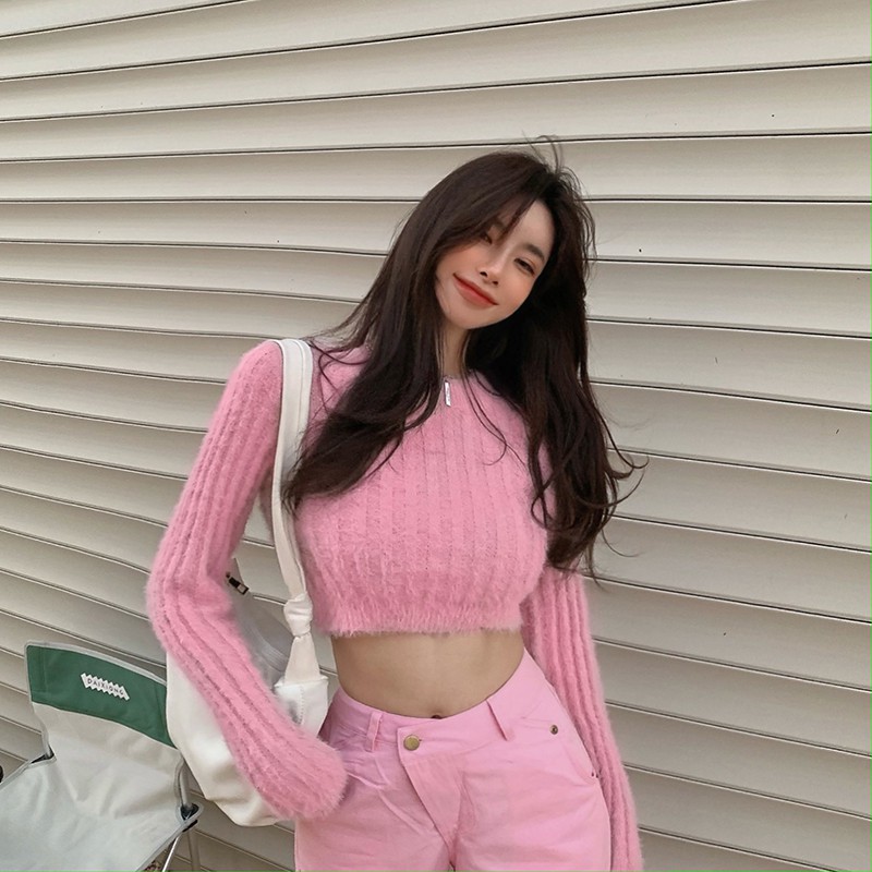 Áo len tay dài cổ tròn croptop ôm body hở bụng rốn ulzzang ( 4 màu )