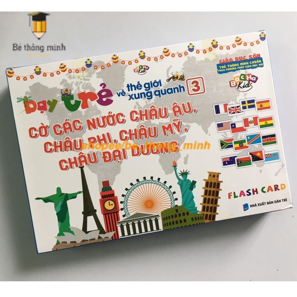 Bộ 64 Thẻ Cờ khổ to a5 các nước châu Châu Âu, Châu Mỹ, Châu Phi, Châu Đại Dương -  Flashcard glendoman cho bé