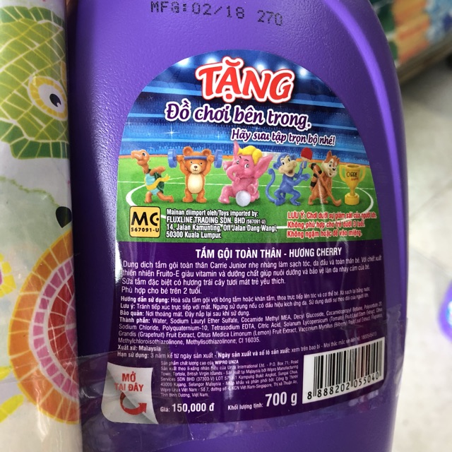 Sữa tắm, gội toàn thân Carrie 700g trẻ em Malaysia