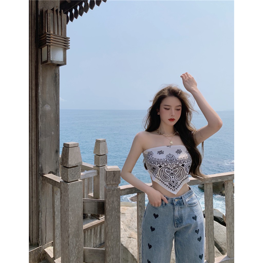 Áo yếm nữ thổ cẩm dáng quây croptop mùa hè siêu mát MÀU TRẮNG MANZAKIA | BigBuy360 - bigbuy360.vn