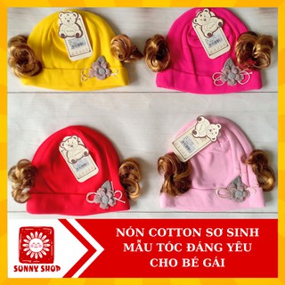 (Được chọn màu) Nón Sơ Sinh cotton có tóc Cho Bé 0-4 Tháng/ Mũ trẻ em 2 lớp mềm mịn