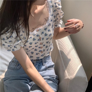 Retro Floral Pattern Short Sleeve Croptop Top