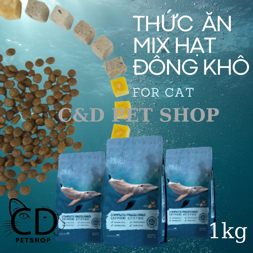 Thức ăn hạt mix thịt đông khô cho mèo -túi chiết 1kg